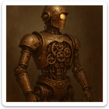 Victorian-era robot with exposed gears, copper and bronze colors, steampunk style sticker