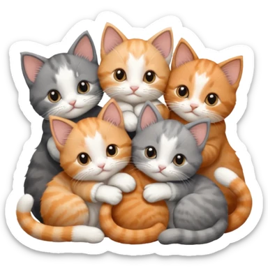 6 tiny kittens cuddling together all various different natural colours including solid grey with white mittens, grey and white, ginger and white, calico, and brown and white sticker