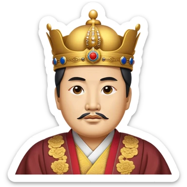 Cinematic Realistic King Sejong Portrait Emoji, depicted as a wise benevolent monarch in traditional Korean royal attire with a thoughtful gaze, rendered with intricate textures and regal soft lighting that captures his historical significance. sticker
