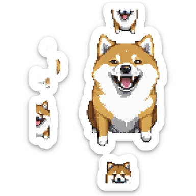 Shiba Inu in Doge style, laughing expression, vibrant colors, pixelated texture sticker