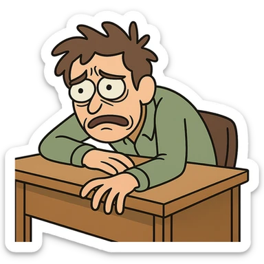 a person slumped over a desk, looking desperate, cartoon style sticker