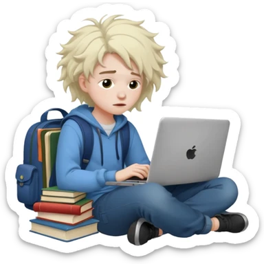 a student crashing out with the laptop on the lap and books on the side sticker