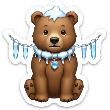 Realistic brown bear on all four legs with a large ice collar around its neck, shaped like a dog collar, with icicles hanging down from it, minimalist emoji style sticker