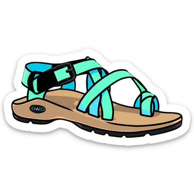 Chaco sandal with toe loop, black footbed, light blue and light green straps sticker