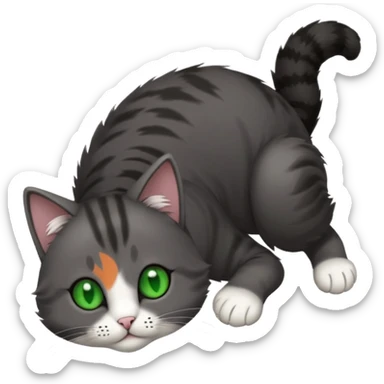 solid dark grey cat with green eyes, white toes/paws playfully rolling upside down sticker
