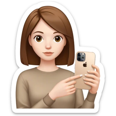 pale skin woman with brown Straightened bob Hair, holding white IPhone 15 pro in the hands sticker