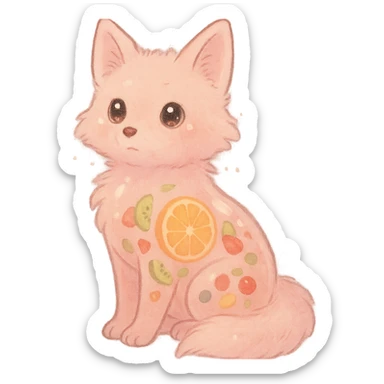 soft fluffy fox with a transparent body and visible fruit pieces inside, sparkling eyes, pastel pink, full-body sticker