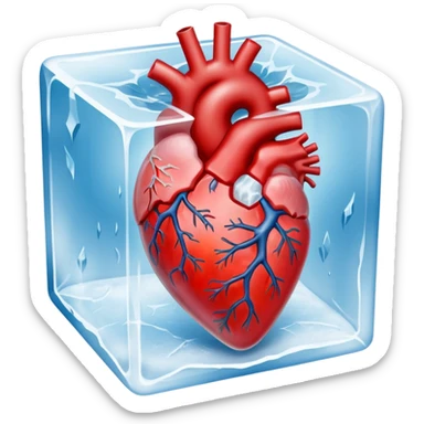 A highly detailed, realistic human heart frozen solid inside a transparent cube of ice, with visible cracks, frost, and cold mist surrounding it, dramatic lighting, dark background sticker