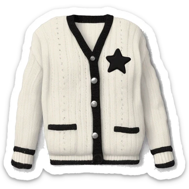 A white cable-knit cardigan with black trim and silver stars. The cardigan has a v-neck, long sleeves, and buttons down the front. There is an embroidered "folklore" patch in the upper right corner.  sticker