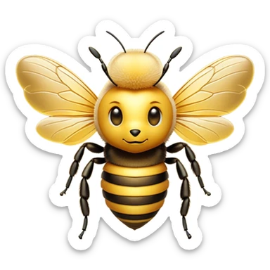 Cinematic Noble Bee Portrait Emoji, Poised and industrious, with a compact, fuzzy body in golden-yellow hues, delicate translucent wings, and a gentle, determined expression with focused eyes, Simplified yet sharp and sophisticated features, highly detailed, glowing with a soft, sunny radiance, high shine, intelligent and diligent, stylized with an air of natural elegance, focused and alert, soft glowing outline, capturing the essence of a watchful and confident bee that appears ready to buzz out of the screen with effortless authority! sticker