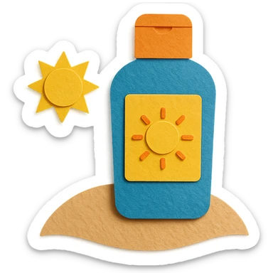 illustration of a sunscreen bottle with a sun icon on a sandy beach, bright colors, paper-craft style sticker