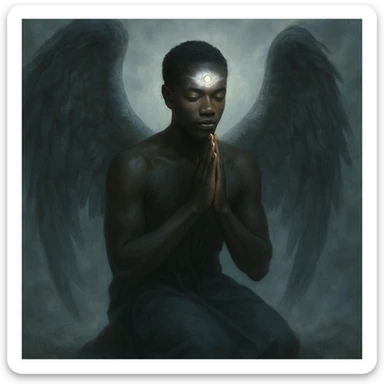 a black angel kneeling in prayer with a glowing third eye on forehead, ethereal atmosphere sticker