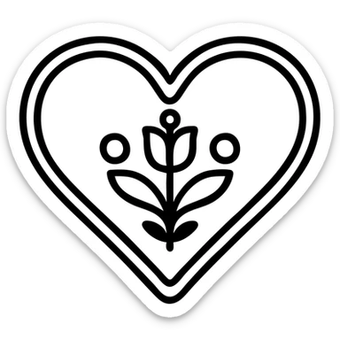 red heart with minimalist Scandinavian folk art motif, bright folk colors, simple and bold, black outline around the motif, gold border around heart, motif is clear at small size sticker