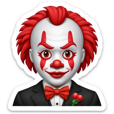 Crea un payaso que tenga toda la cara absolutamente toda la cara blanca, junto con la parte del pelo que sea blanco, pero que no tenga pelo con unos cuernos negros y que tengo un traje de payaso negro con rojo sticker
