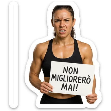 DONNA FITNESS CHE TIENE UN CARTELLO IN MANO CON LA SCRITTA "NON MIGLIORERò MAI!", iperrealistico 4k sticker