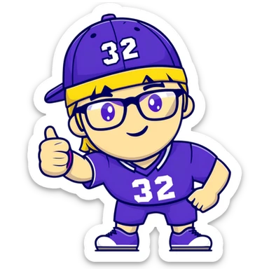 Man with black and white cap, purple sports jersey with number 32, clear glasses, light blond mullet hairstyle, thumbs up gesture, relaxed expression sticker