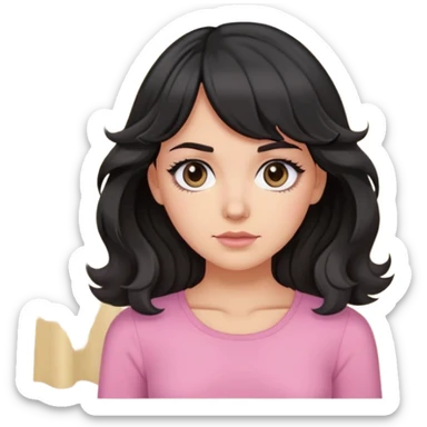 White girl with chest length black wavy hair with curtain bangs, gray eyes, wearing a pink top sticker