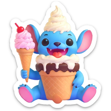 Stitch sitting with a giant ice cream sundae sticker