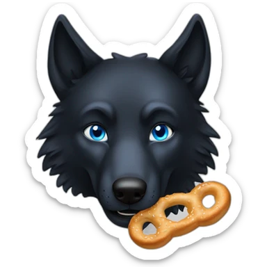 a full black wolf with blue eyes eats a bretzel sticker