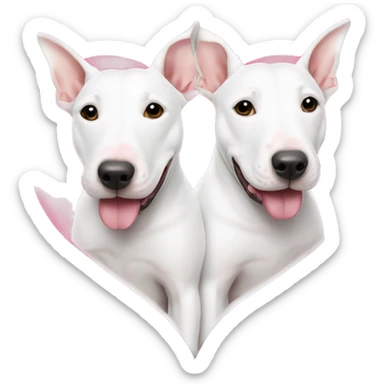 Two bull terriers lie in the shape of a heart, cute, white sticker