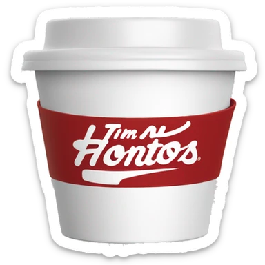 “Red Tim Hortons coffee cup with large white ‘Tim Hortons’ logo in script, black plastic lid, and a simple, clean design.” sticker