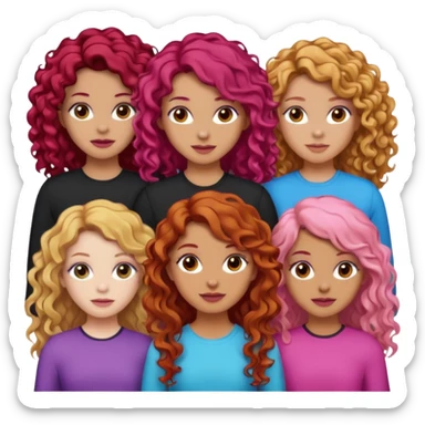 5 girls  curly redhead, one with brunette dyed blonde hair, one long haired wavy brunette, one mid-length haired brunette, and one black haired girl with partially dyed bright red/pink hair sticker