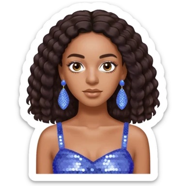 Solange with dark brown long hair, periwinkle sequin crop top, periwinkle earring sticker