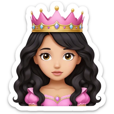 Very very very tanned skin princess, with long black wavy hair and crown and an pink princess outfit with a cute pose with face leaned on her hands sticker