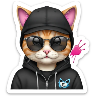 cat wearing a black snapback cap and black hoodie, with black sunglasses positioned low on his nose, winking one eye while looking directly at the viewer over the top of his sunglasses with a mischievous expression, doing graffiti with spray paint sticker