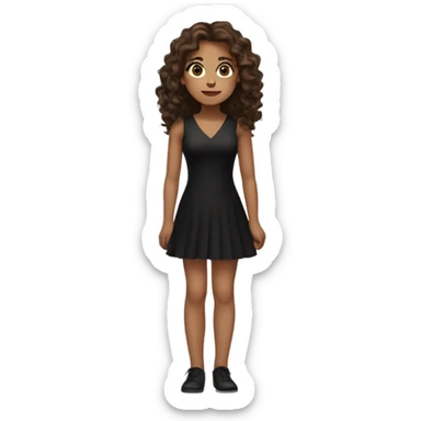 a girl with brown eyes and brown long wavy hair sitting in a black short dress  sticker