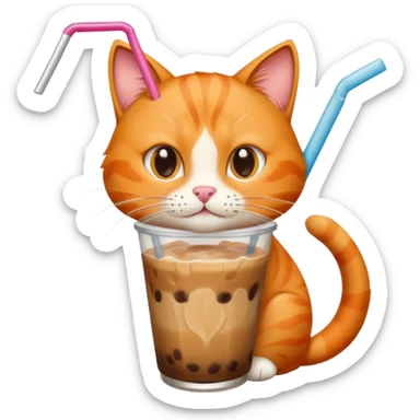 Gato naranja tomando café frio con un popote sticker