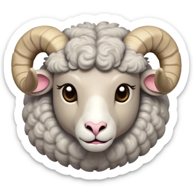 Cinematic Cute Ram Portrait Emoji, Head tilted playfully and inquisitively, featuring a dense, woolly grey fur with charming curled horns, round, sparkling dark eyes filled with curiosity, Simplified yet irresistibly adorable features, highly detailed, glowing with a warm, friendly glow, high shine, affectionate and spirited, stylized with a touch of rugged whimsy, bright and endearing, soft glowing outline, capturing the essence of a mischievous yet loving ram, so playful it feels like it could butt its way out of the screen and into your arms! sticker