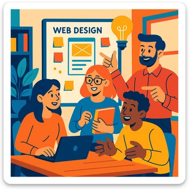 creative team brainstorming web design ideas in an office, vibrant toon style sticker