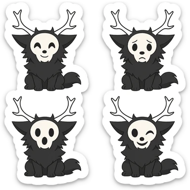 Create a series of emoji featuring this wendigo character in different expressive poses: happy, sad, surprised, and mischievous. Keep the style consistent with the original image, including the antlers, and ensure no background is present. sticker
