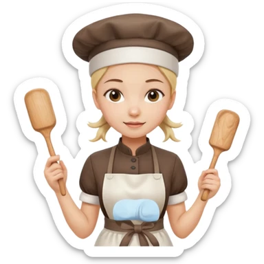 Young female pastry chef - single ponytail, apron, wearing a white hat, holding a rolling pin sticker