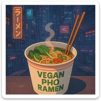cyberpunk futuristic, scifi, a bowl of delicious VEGAN pho, ramen, 1990s, paper cup sticker