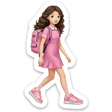 aestethic brunette very,very,very long wavy hair walking with a school backpack, with a cute pink dress, adidas samba shoes sticker