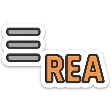 symbol of three grey horizontal lines, then the text 'REA' in orange capital letters, styled as an icon, clean and modern style sticker