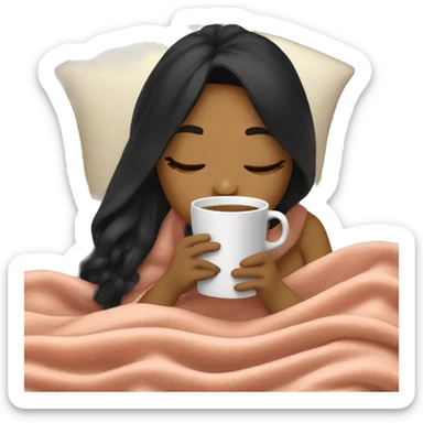 Girl inside blanket sipping coffee eyes closed black hair sticker