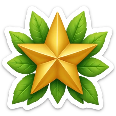 "A vibrant, golden five-pointed star emoji, with graceful green leaves subtly integrated into its points or wrapping around its base. The design should feel radiant and positive. Clean, vector-style, 32x32 pixel icon. Transparent background. Icon for achievement in health." sticker
