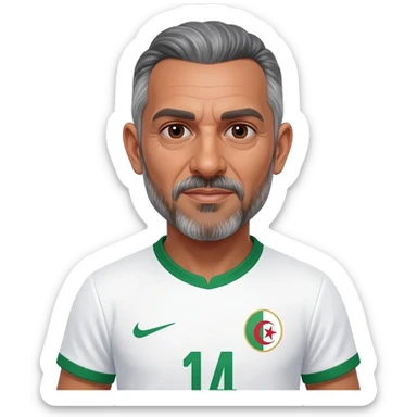 homme métisse algérien peau claire yeux marrons 60 ans cheveux gris avec barbe avec maillot blanc et vert foot Algérie sticker