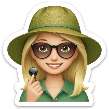 blonde girl in dark green straw hat adjusting sunglasses sticker