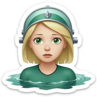 sad depressed weak cs major who is a pretty girl with blond hair and green eyes drowning on ship, very pretty very sad and weak. Near death almost dead drowning. But the pretty girl is like the whole ship and her face is on the helm. sticker