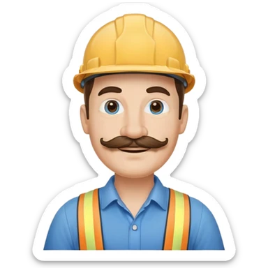 Construction owner, well dressed, blue shirt, mustache, happy sticker
