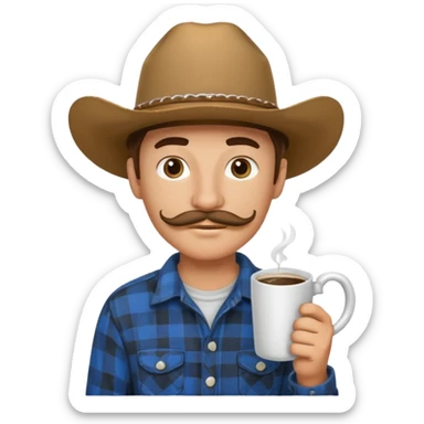 generate an ios genmoji of a 20 year old tan boy with a cowboy hat and horseshoe mustche. Wearing a flannel and carrying a coffee mug sticker