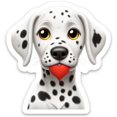 Dalmatian puppy holding a heart sticker
