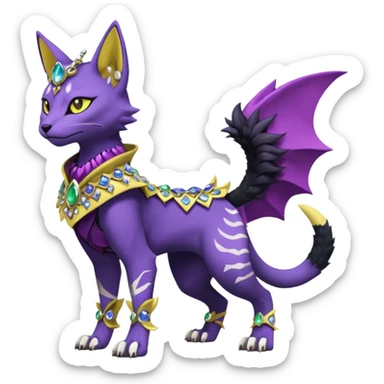 Kawaii cute Violet Yellow Black beautiful pretty elegant divine edgy feline-vernid-sergal-Fakémon-Pokémon-Digimon-fursona-animal-creature, full body, with intricate detailed markings, Embroidered capelet, Gem-studded horn ring sticker