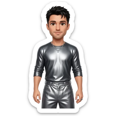 Chris Kirkpatrick from NSYNC with brown eyes, black hair, charcoal metallic shirt, charcoal metallic long baggy pants, silver necklace sticker