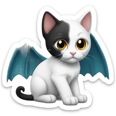 Small white and black kitten with dragon wings sticker