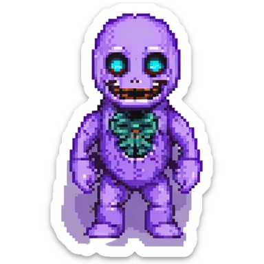 Add glowing eyes to Purple Guy from FNAF with a sinister grin in pixel art style with no background. sticker